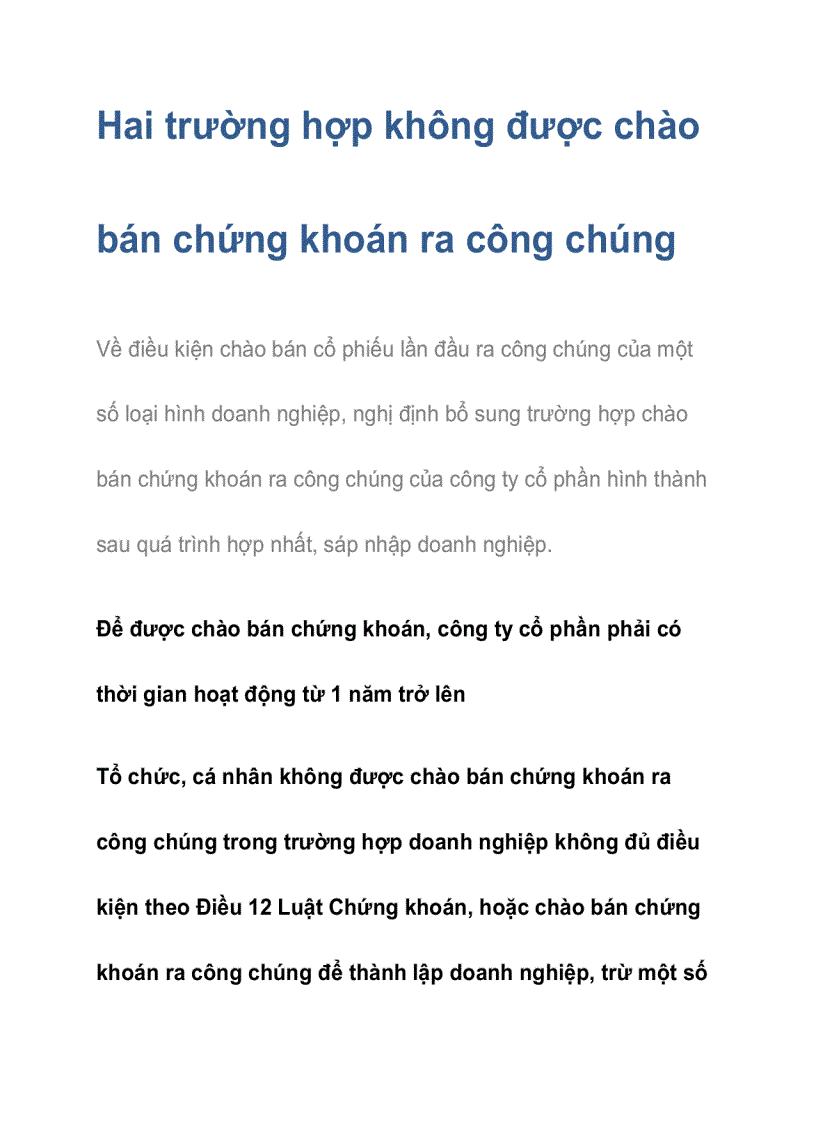 Hai trường hợp không được chào bán chứng khoán ra công chúng