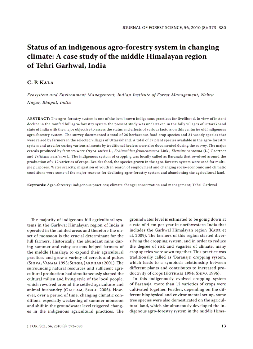 Báo cáo lâm nghiệp Status of an indigenous agro forestry system in changing climate A case study of the middle Himalayan region of Tehri Garhwal India