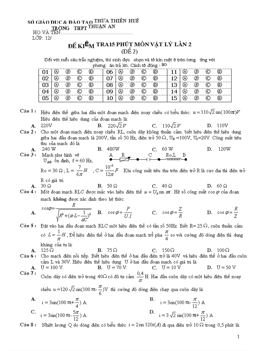 Kiểm tra Vật lý 15 phút Lần 2 THPT Thuận An 07 08 Đề 2