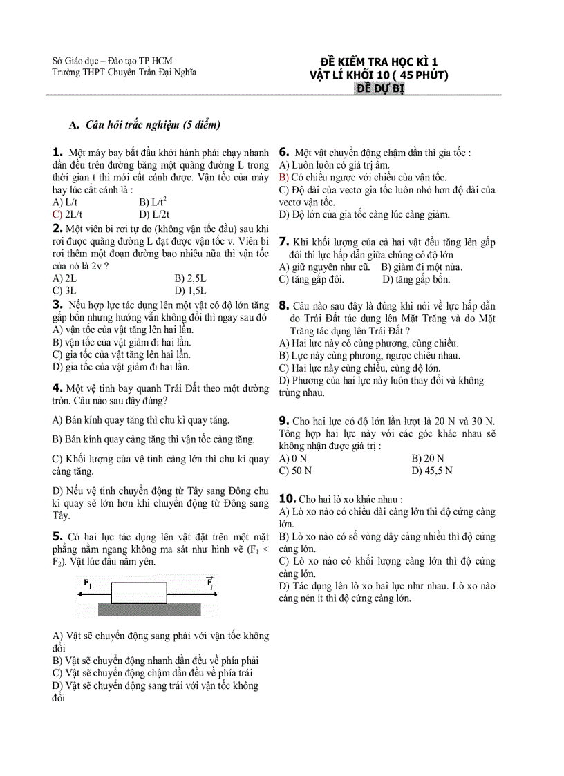 Đề dự bị thi HK 1 Môn Vật lý 10 THPT chuyên Trần Đại Nghĩa TPHCM