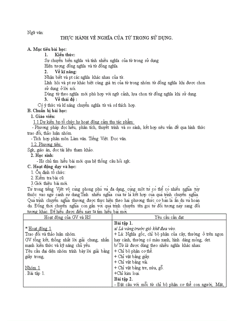 Ngữ văn THỰC HÀNH VỀ NGHĨA CỦA TỪ TRONG SỬ DỤNG