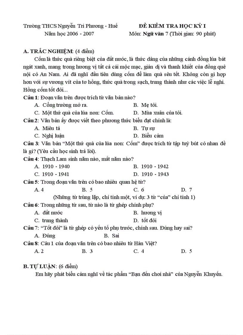 Đề kiểm tra HK1 môn Ngữ văn 7 THCS Nguyễn Tri Phương Huế 2006 2007