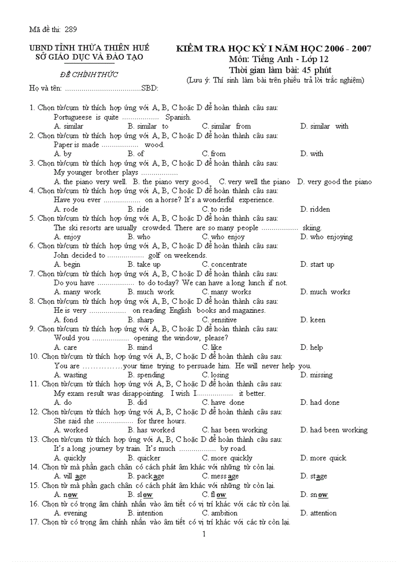 Kiểm tra học kỳ 1 Tiếng Anh 12 Huế 2006 2007