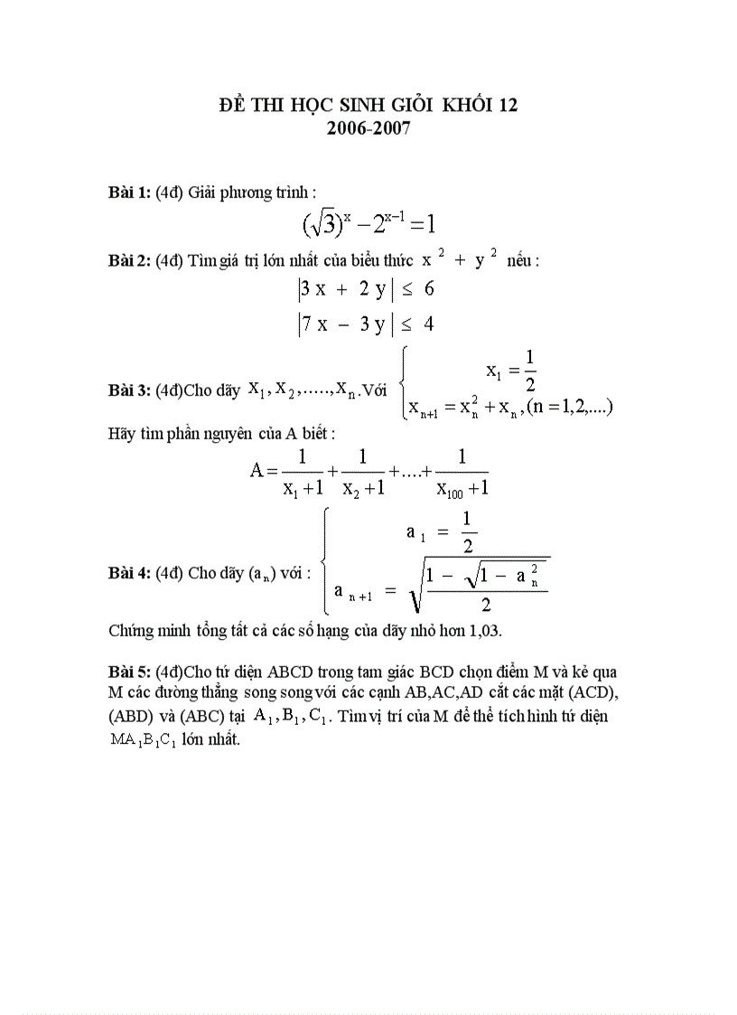 Đề thi HSG môn Toán học 12 THPT An Lương Đông Huế 2006
