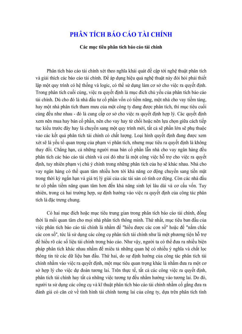 PHÂN TÍCH BÁO CÁO TÀI CHÍNH Các mục tiêu phân tích báo cáo tài chính
