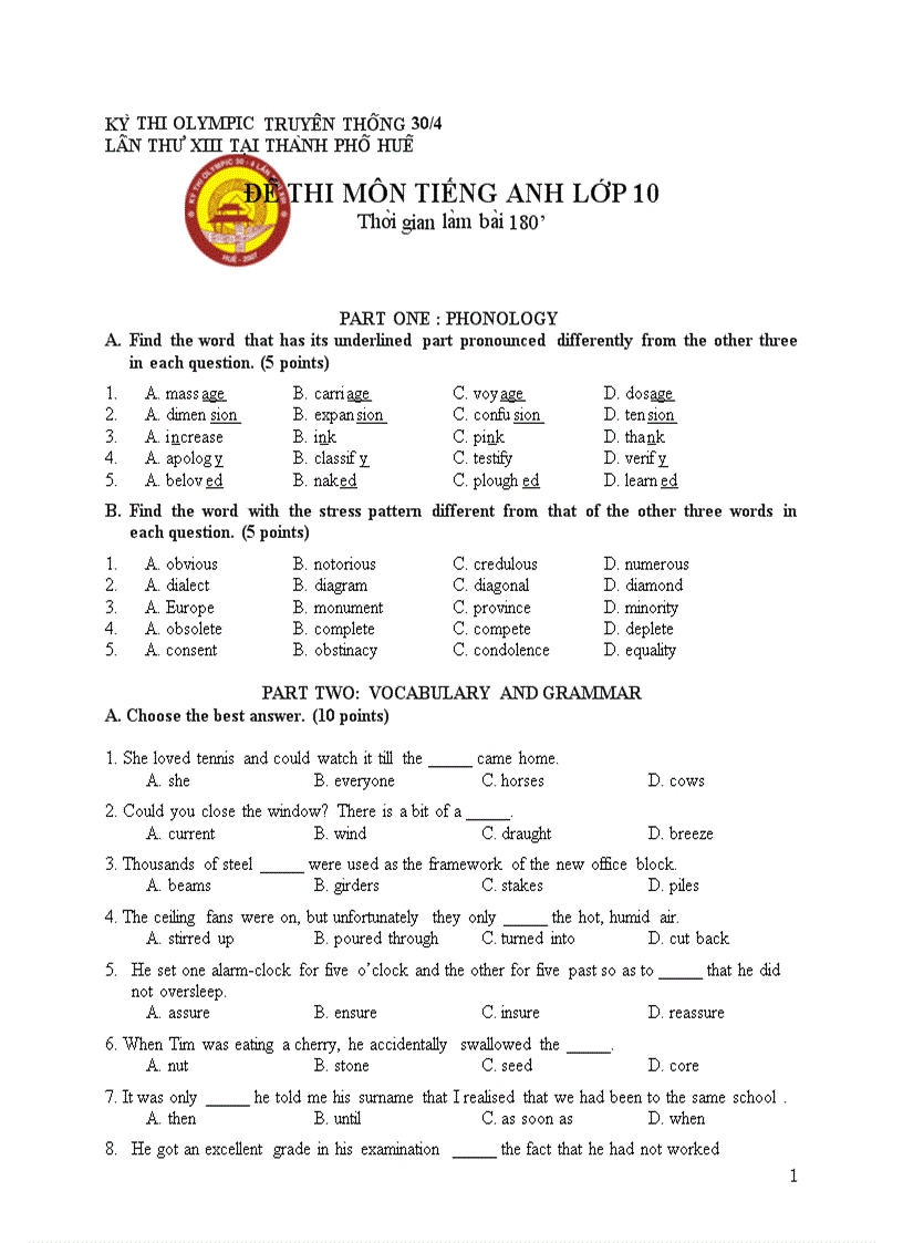 Kỳ thi olympic truyền thống 30 4 lần xiii tại tp huế đề thi môn tiếng anh lớp 10