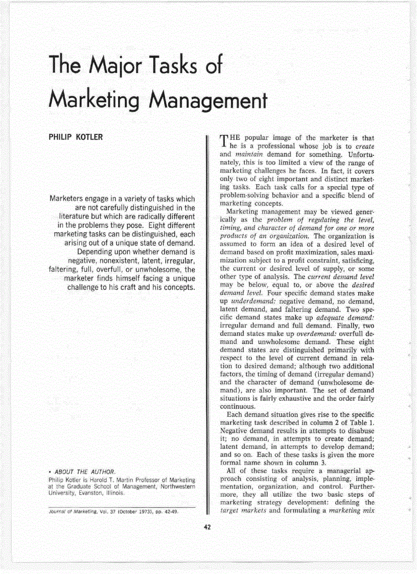 The Major Task of Marketing Management Philip Kotler