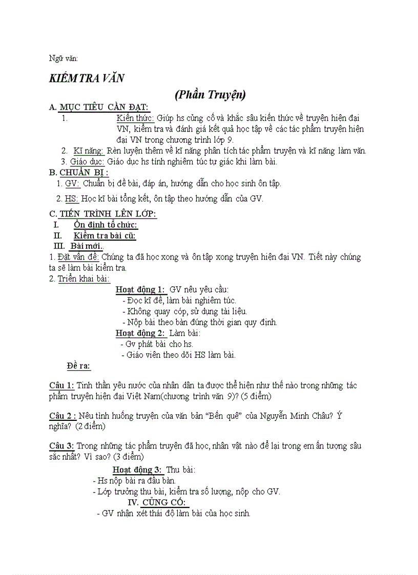 Ngữ văn KIỂM TRA VĂN Phần Truyện