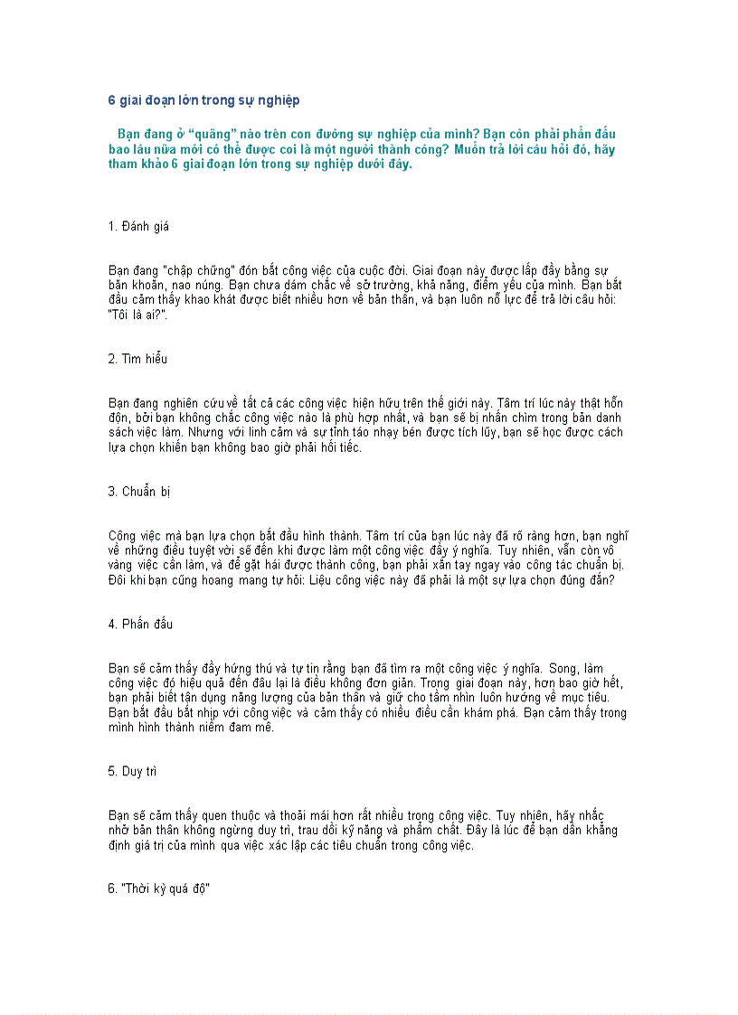 6 giai đoạn lớn trong sự nghiệp 1