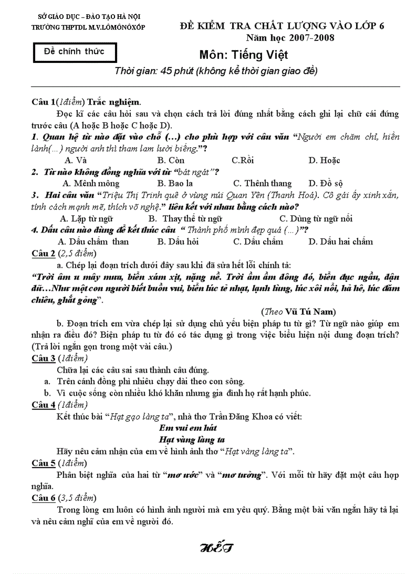 Đề thi kiểm tra chất lượng vào lớp 6 môn Tiếng Việt THPTDL Lômônôxốp Hà Nội 2007 2008