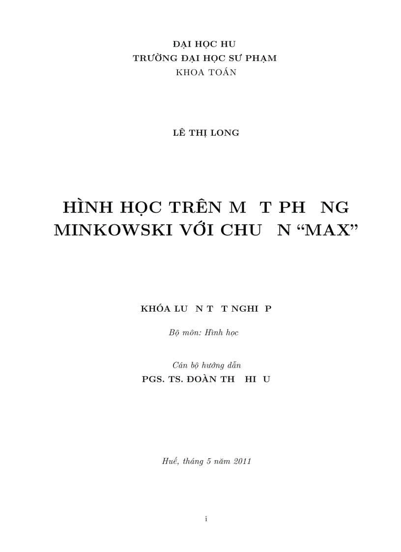 Luận văn tốt nghiệp ĐHSP Hình học trên mặt phẳng MINKOWSKI và chuẩn MAX