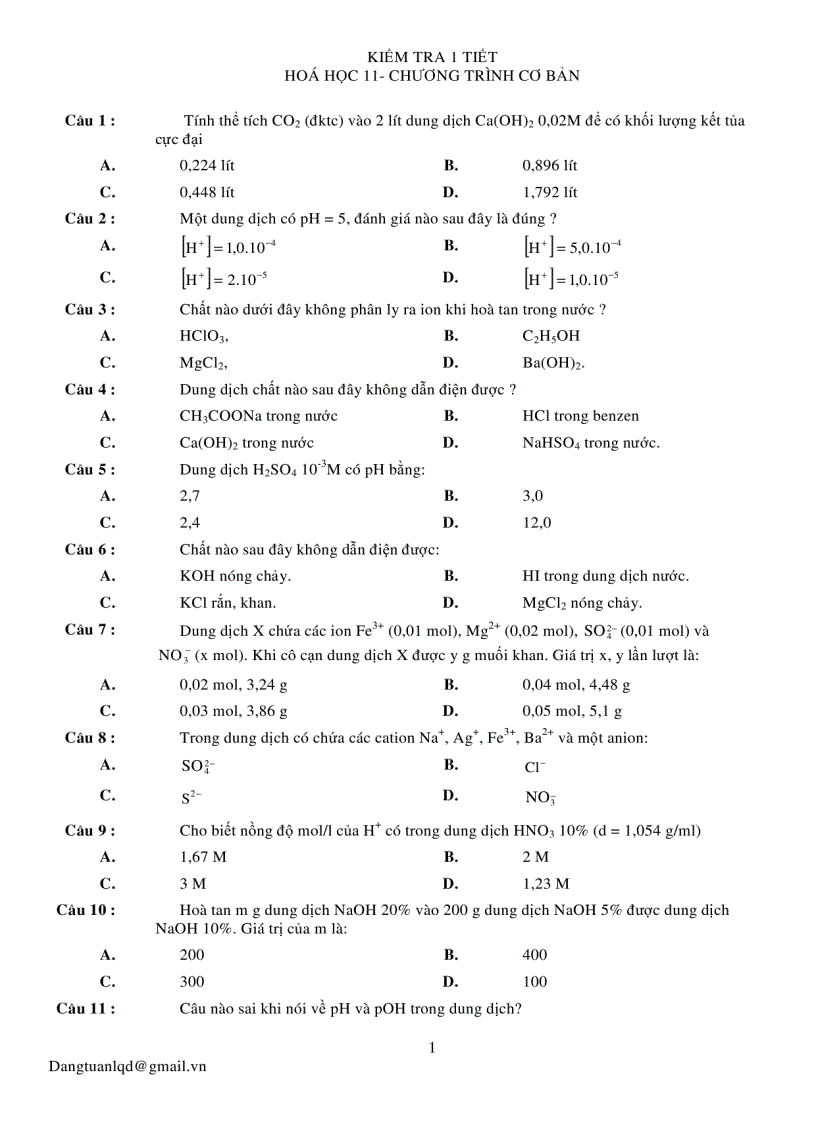 Đề kiểm tra 1 tiết Hóa 11 Chương trình căn bản