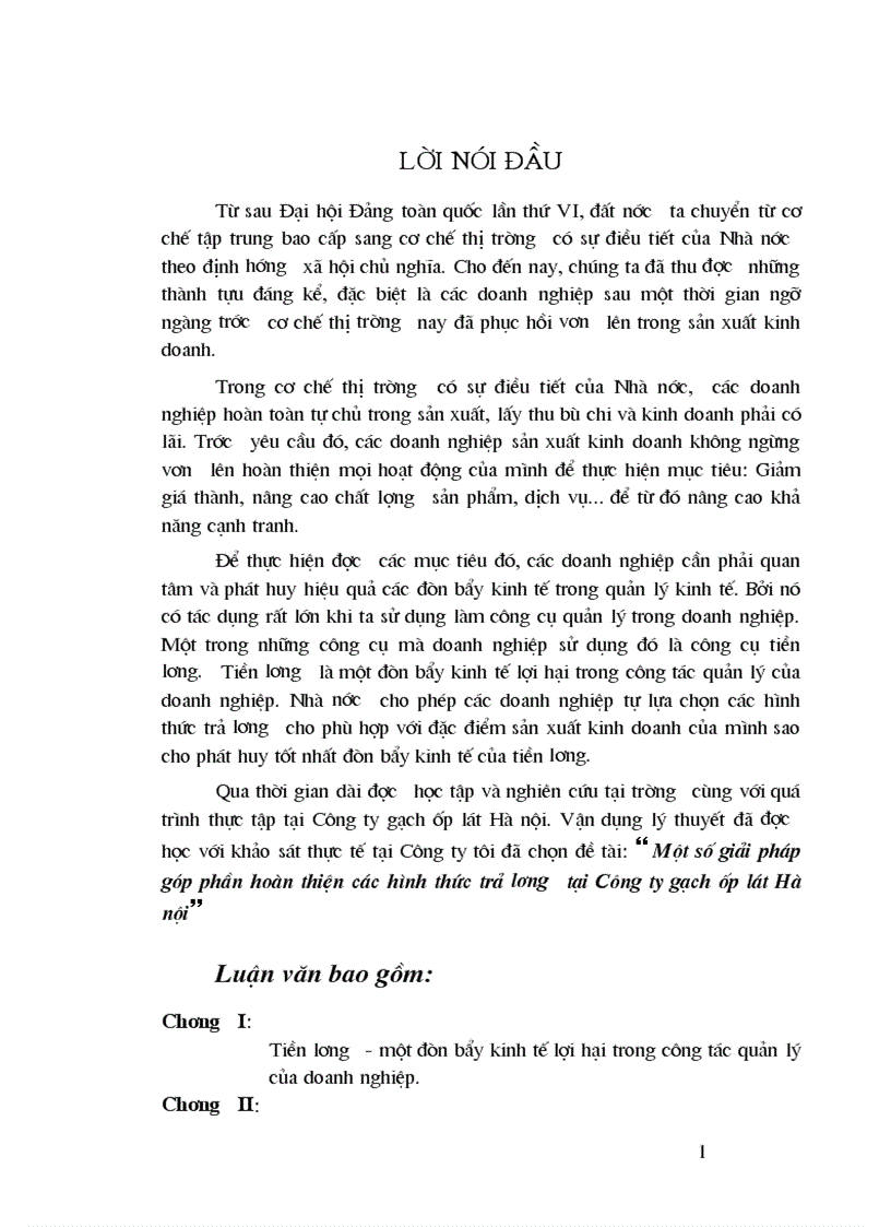 Luận văn Một số giải pháp góp phần hoàn thiện các hình thức trả lương tại Công ty gạch ốp lát Hà Nội