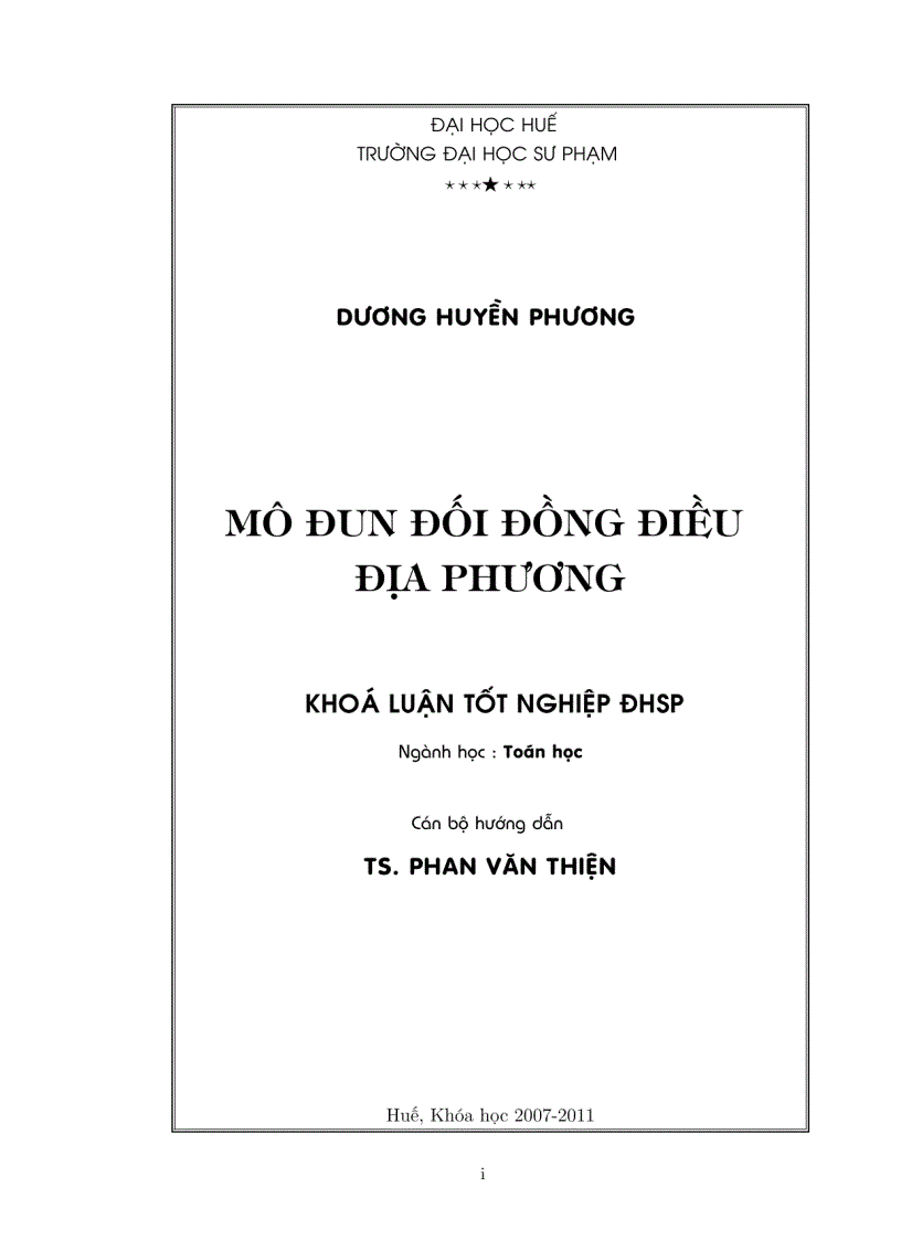 Luận văn tốt nghiệp ĐHSP Mô đun đối đồng điều địa phương