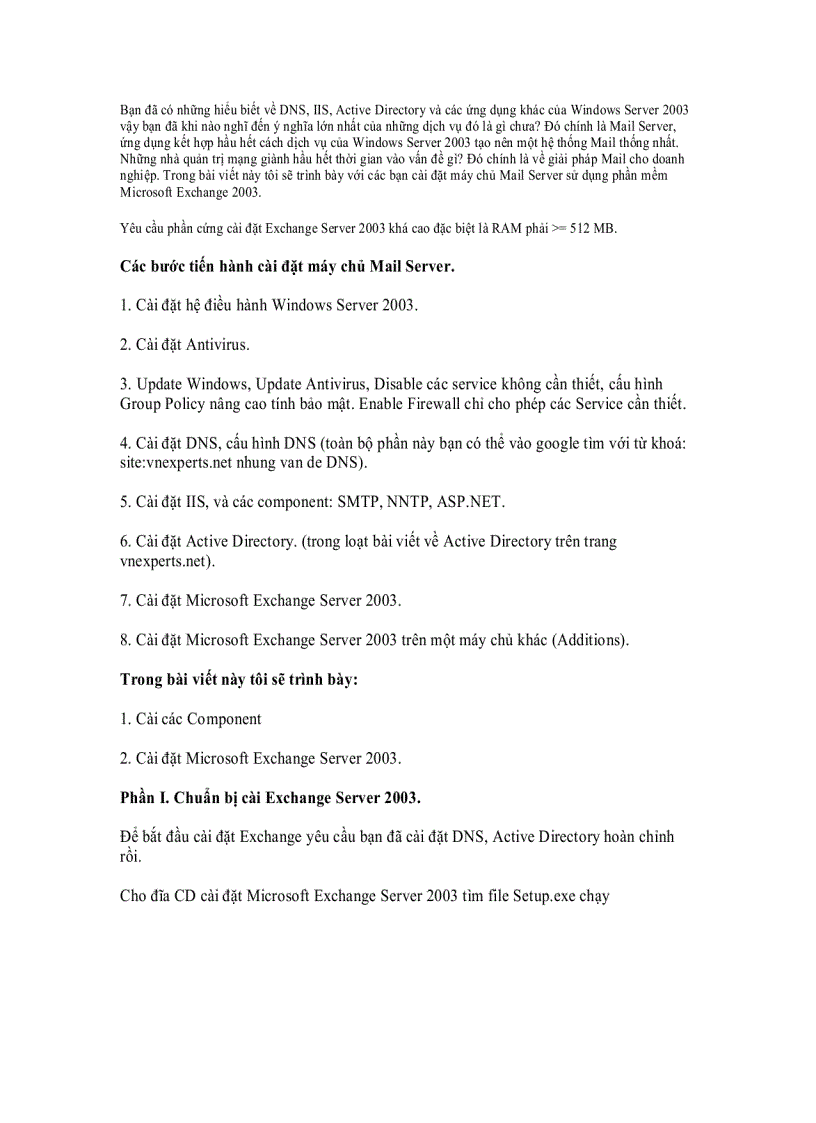 Hướng dẫn cài đặt Exchange Server 2003