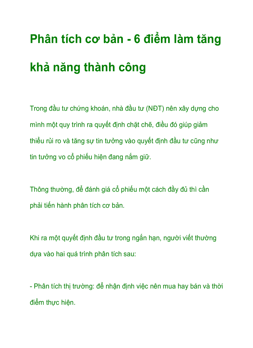 Phân tích cơ bản 6 điểm làm tăng khả năng thành công