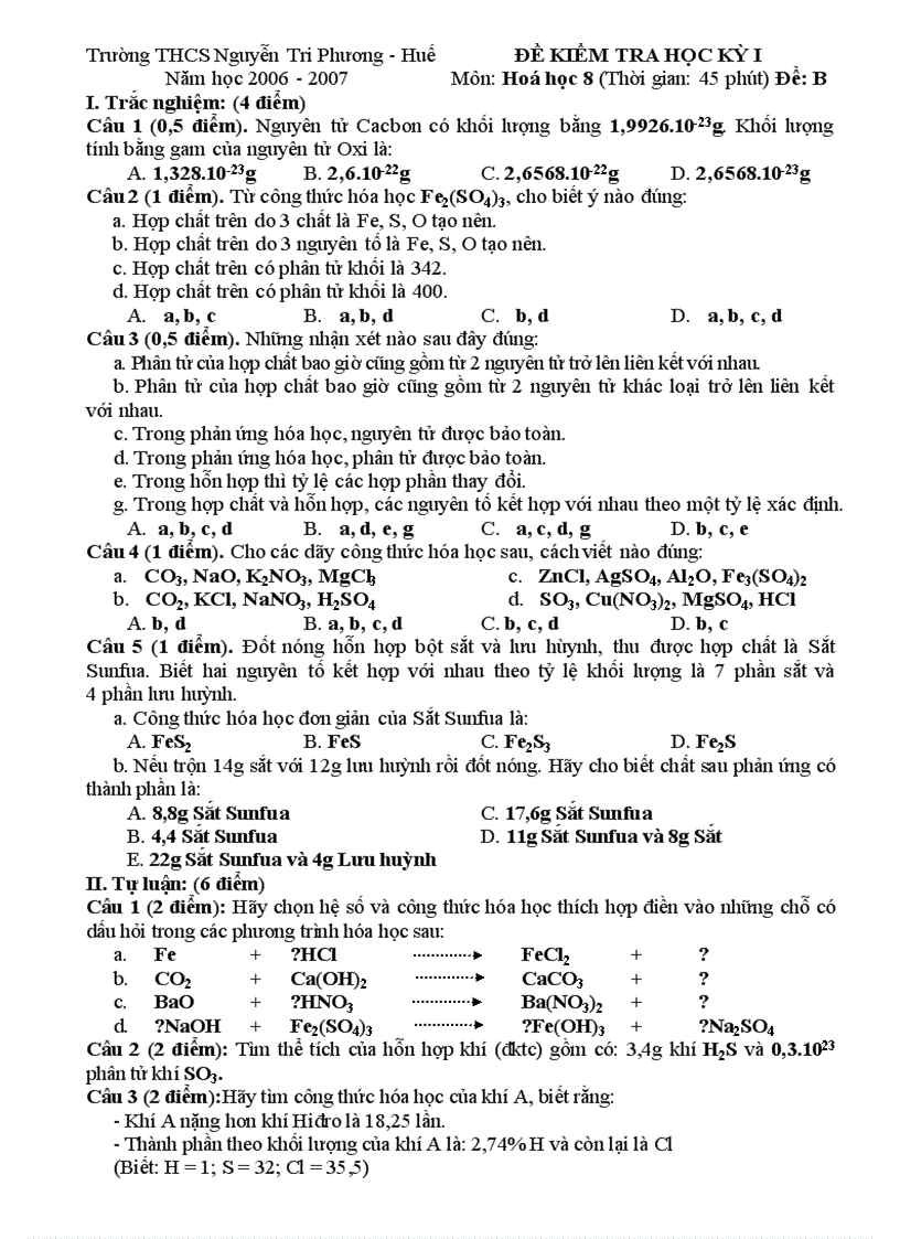 Kiểm tra học kì 1 môn Hóa 8 THCS Nguyễn Tri Phương Huế 2006 2007