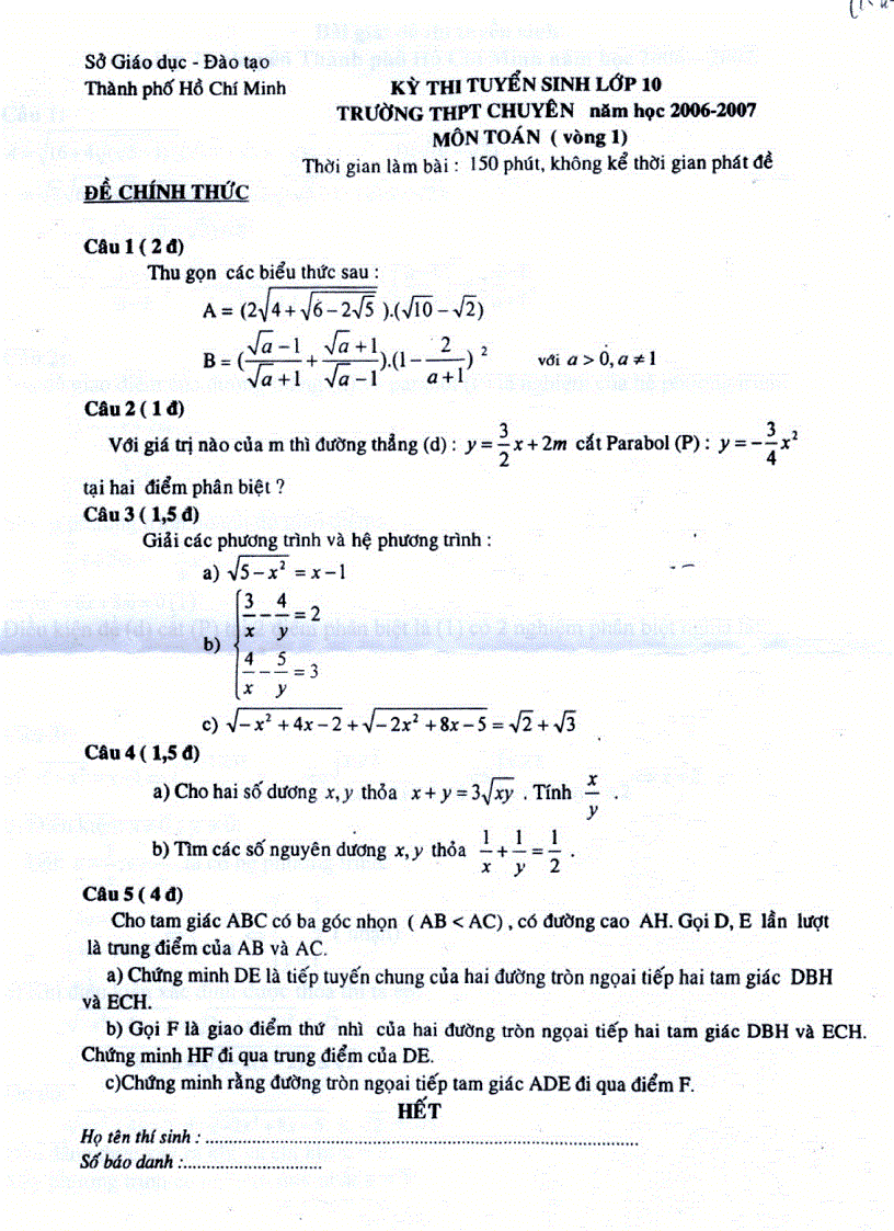 Đề thi tuyển sinh lớp 10 môn Toán TPHCM năm 2006 2007 vòng 1