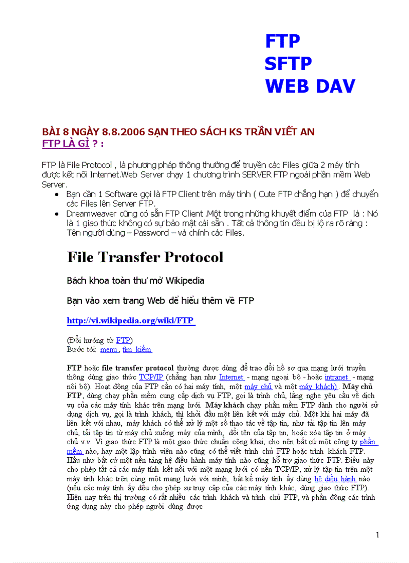 Giáo trình DREAMWEAVER8 Bài 8 FTP SFTP WEB DAV là gì