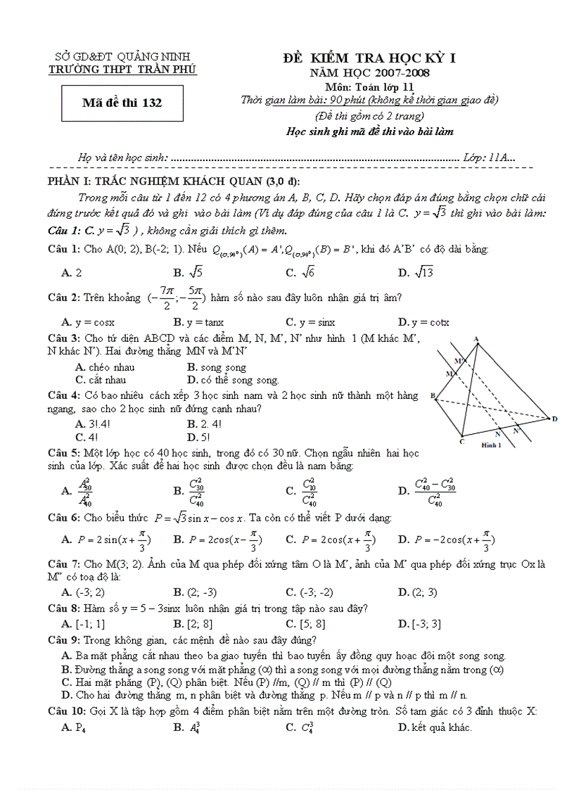 Đề thi học kì 1 Toán 11 THPT TRẦN PHÚ QUẢNG NINH 2007 2008