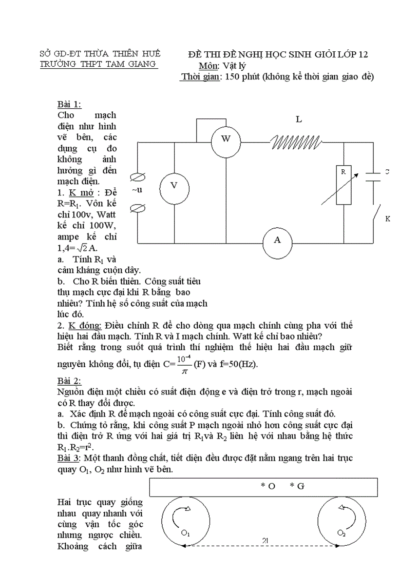 Đề thi HSG môn Vật lý 12 THPT Tam Giang Huế 2006