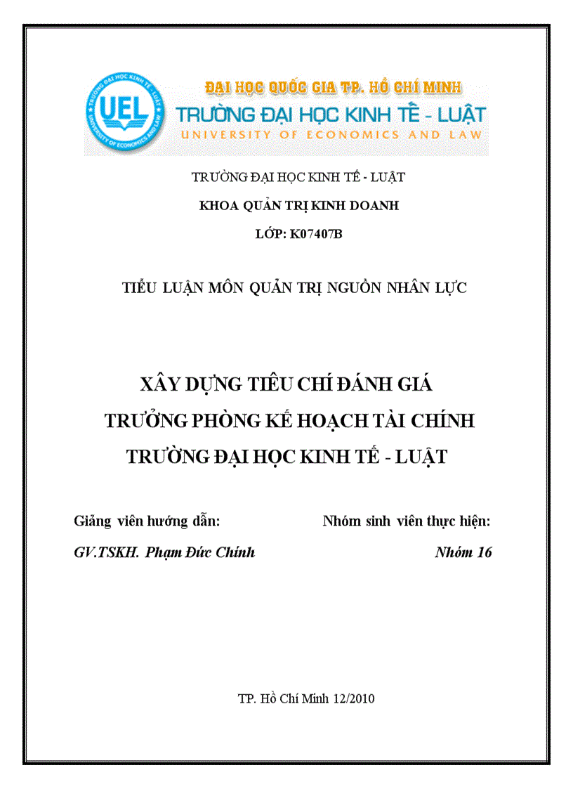 Xây dựng tiêu chí đánh giá hiệu suất công việc của trưởng phòng kế hoạch tài chính trường Đại học Kinh tế Luật ĐHQG HCM