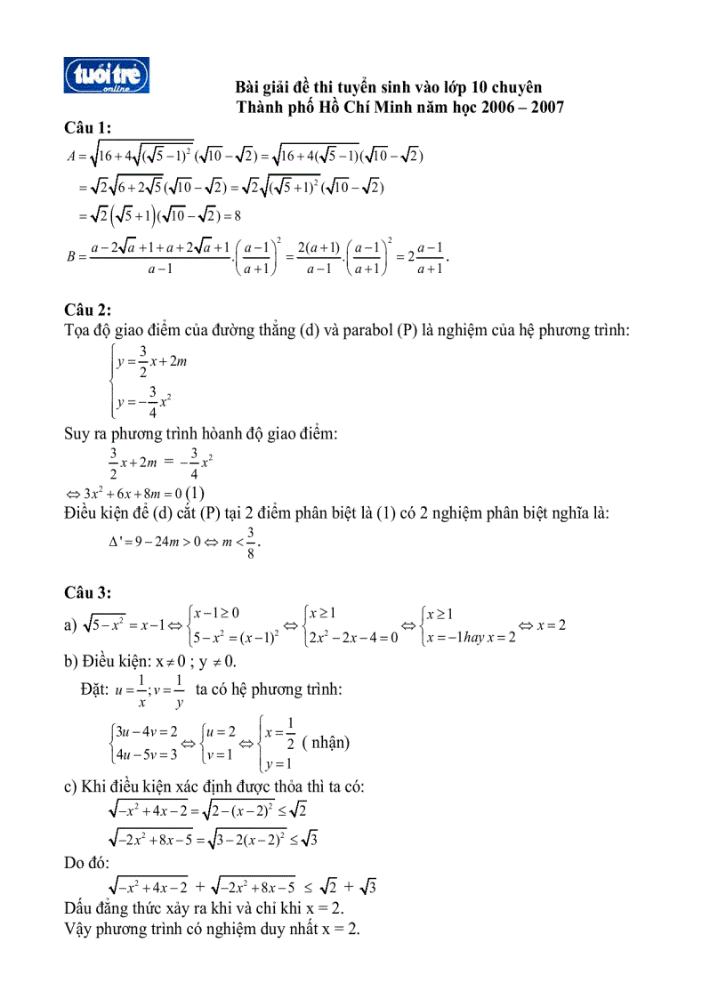 Đáp án đề thi tuyển sinh lớp 10 môn Toán vào trường chuyên TPHCM 2006 2007