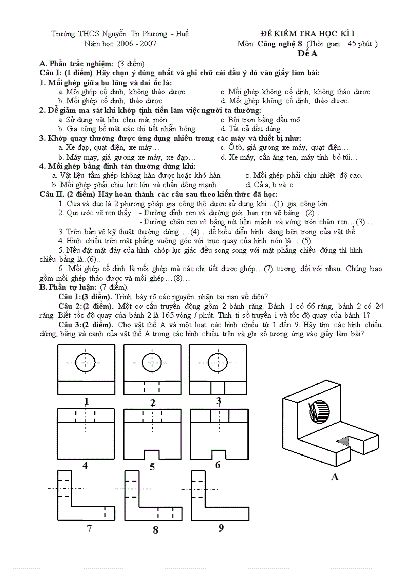Đề thi Công nghệ lớp 8 Học kì 1 THCS Nguyễn Tri Phương Huế 2006