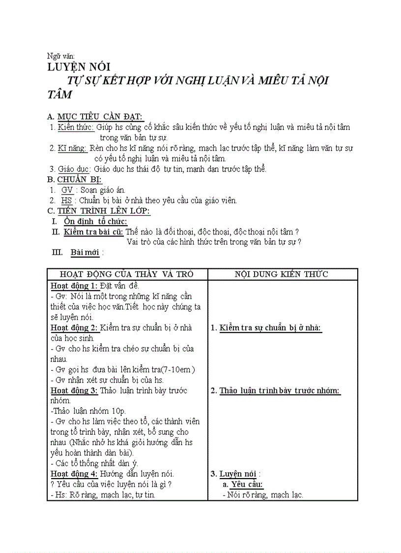 Ngữ văn LUYỆN NÓI TỰ SỰ KẾT HỢP VỚI NGHỊ LUẬN VÀ MIÊU TẢ NỘI TÂM