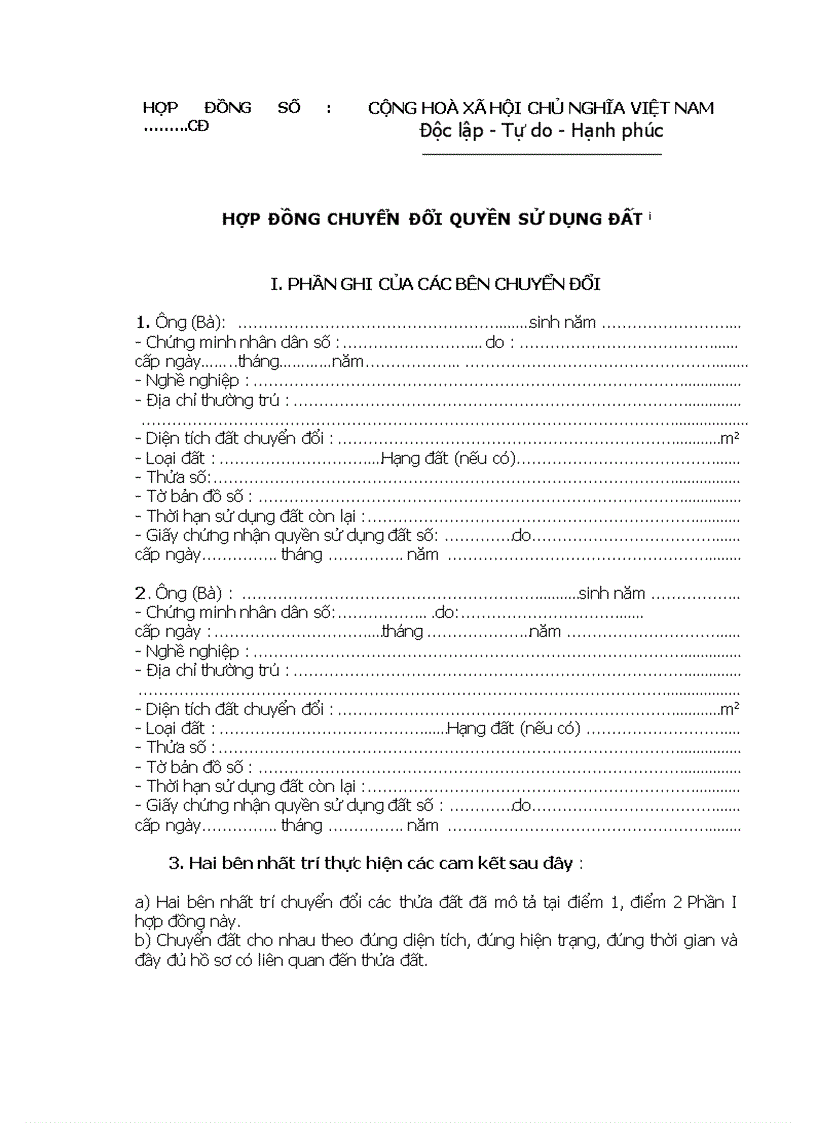 Hợp đồng chuyển đổi quyền sử dụng đất 1