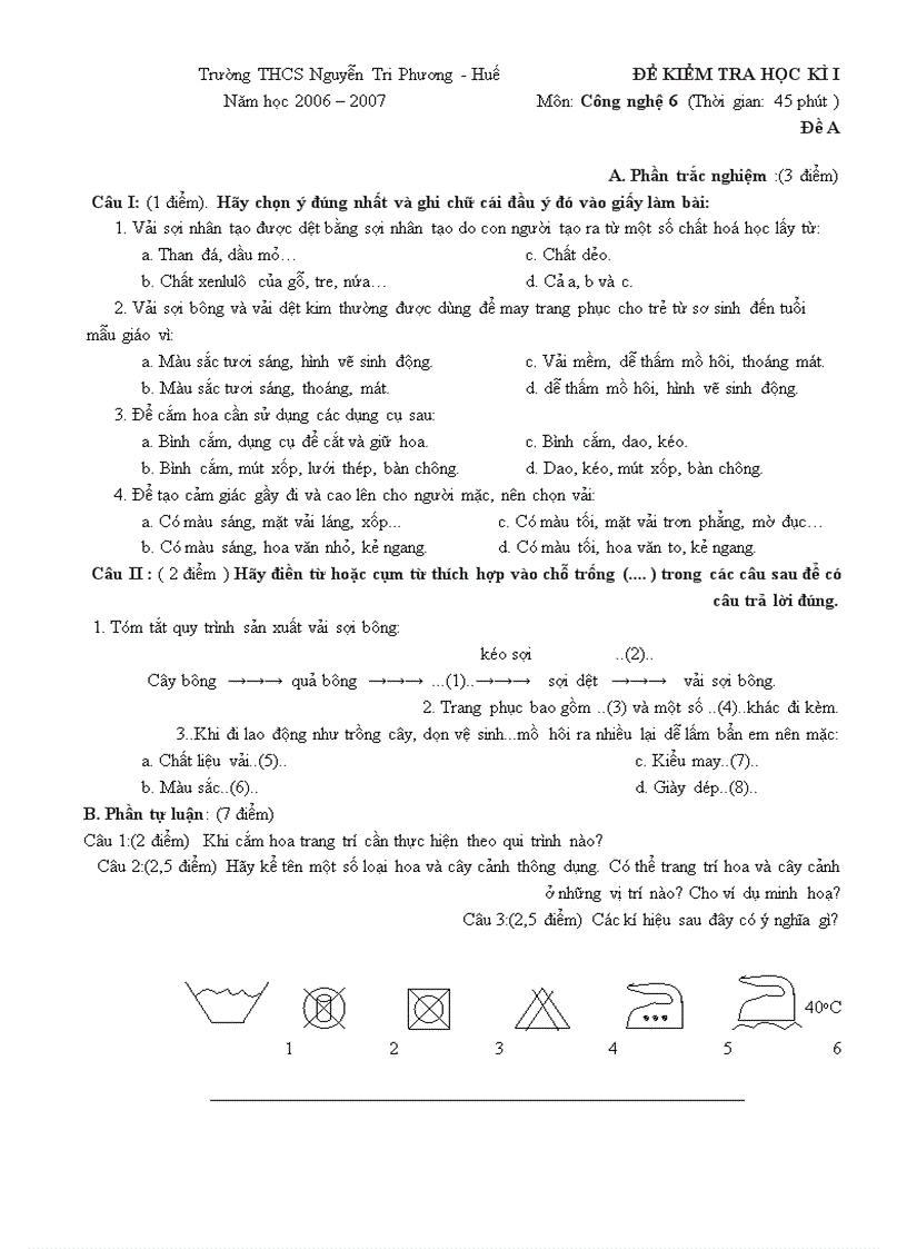 Đề thi Công nghệ lớp 6 Học kì 1 THCS Nguyễn Tri Phương Huế 2006