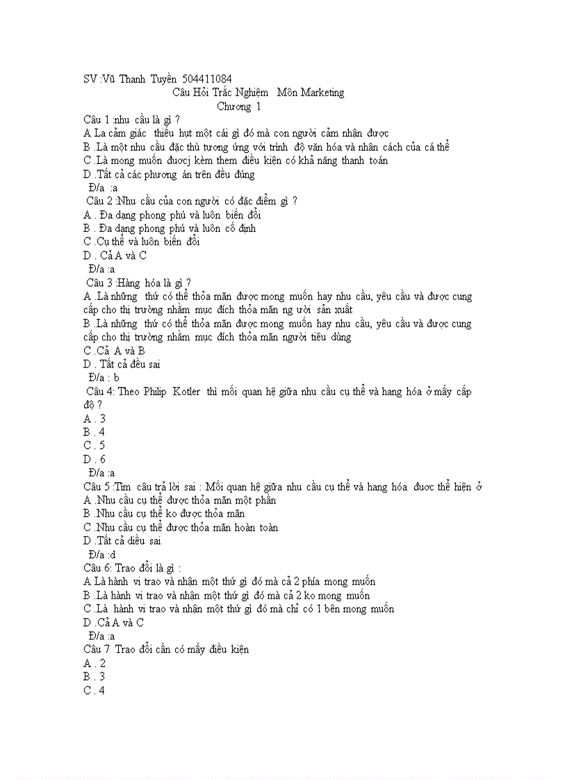 Trắc Nghiệm Môn Marketing