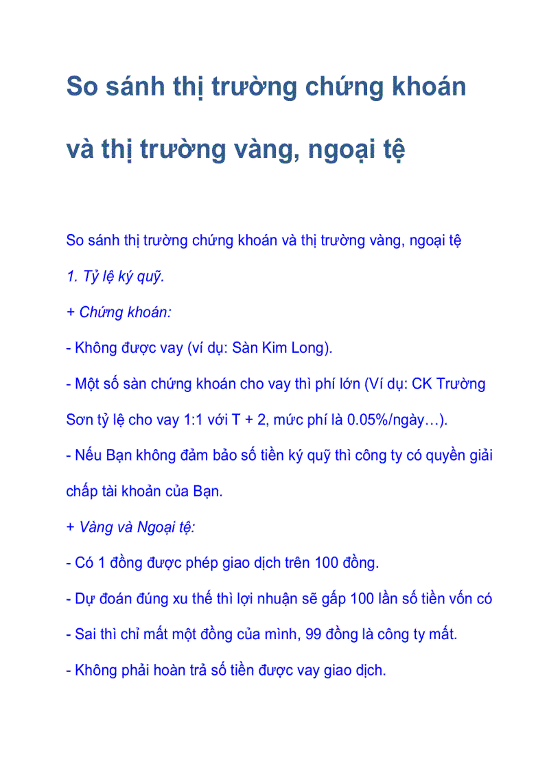 So sánh thị trường chứng khoán và thị trường vàng