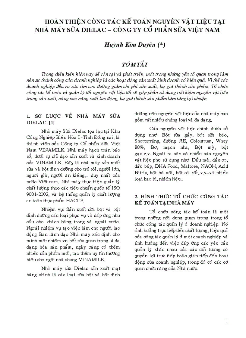 Hoàn thiện công tác kế toán nguyên vật liệu tại nhà máy sữa dielac công ty cổ phần sữa việt nam