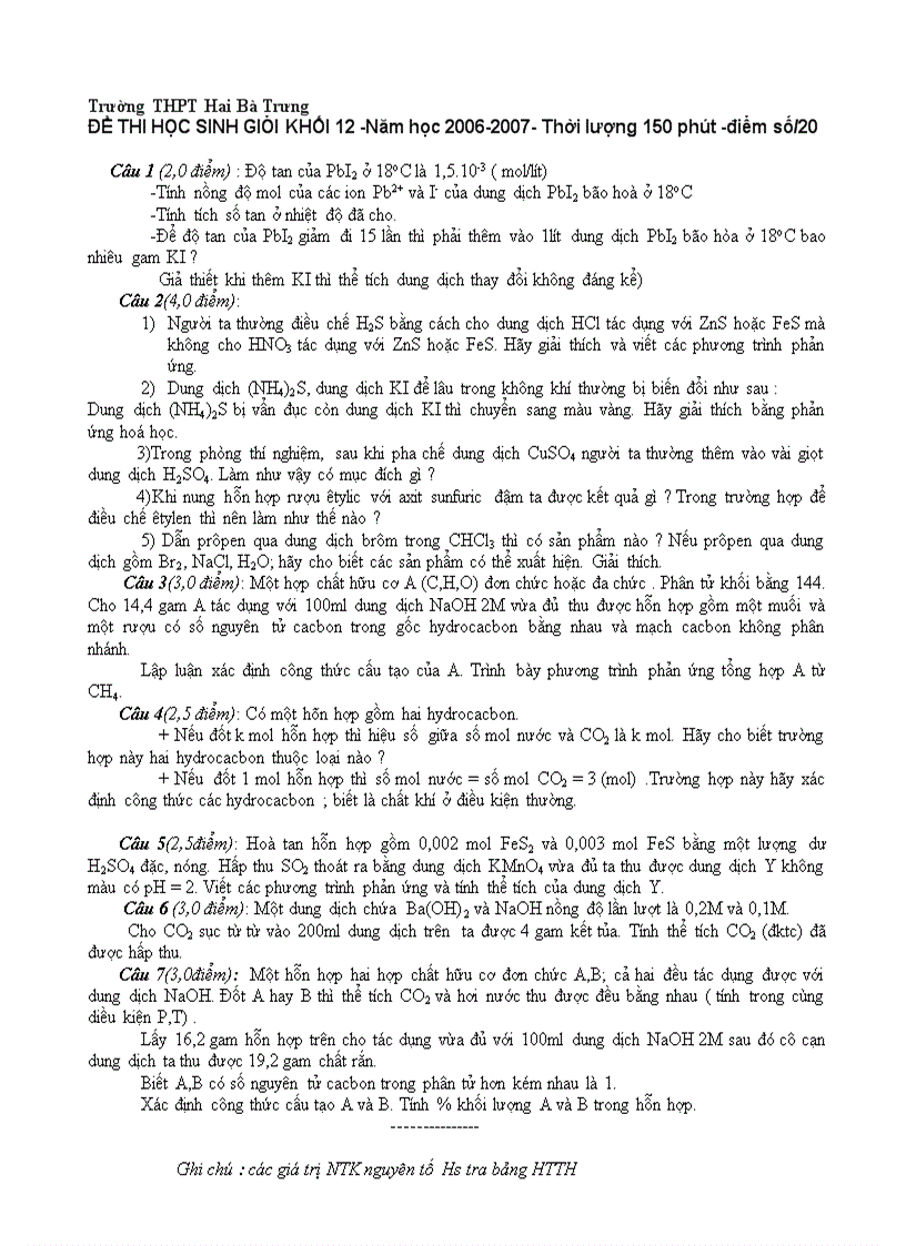 Đề thi HSG môn Hóa học 12 THPT Hai Bà Trưng Huế 2006