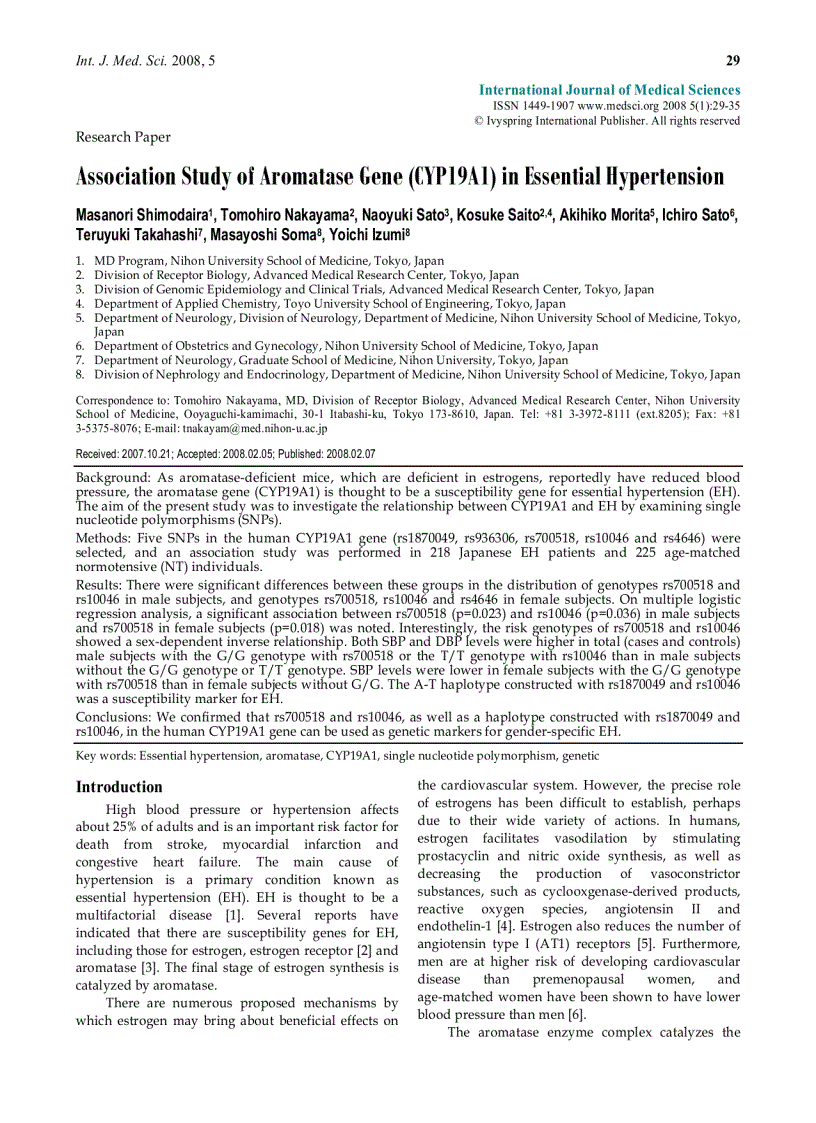 Báo cáo y học Association Study of Aromatase Gene CYP19A1 in Essential Hypertension