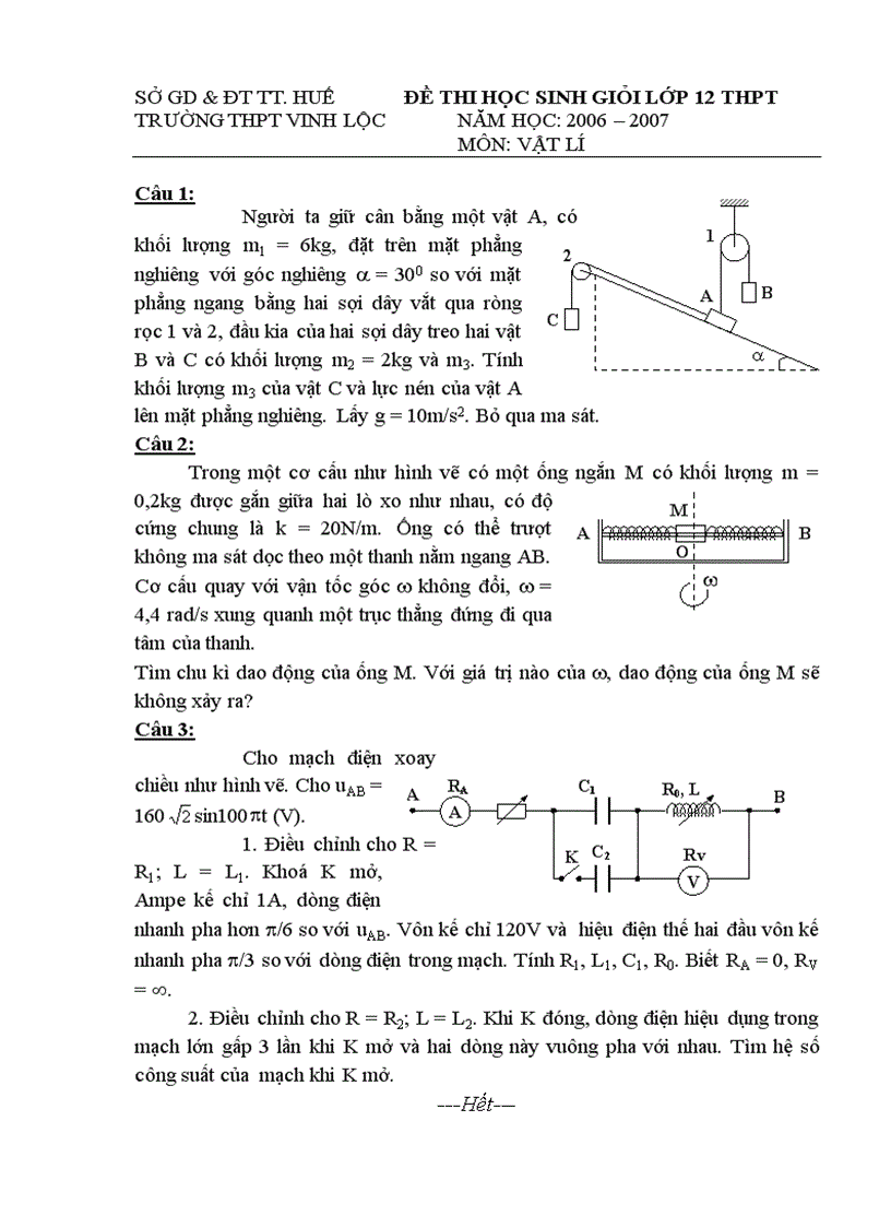 Đề thi HSG môn Vật lý 12 THPT Vinh Lộc Huế 2006