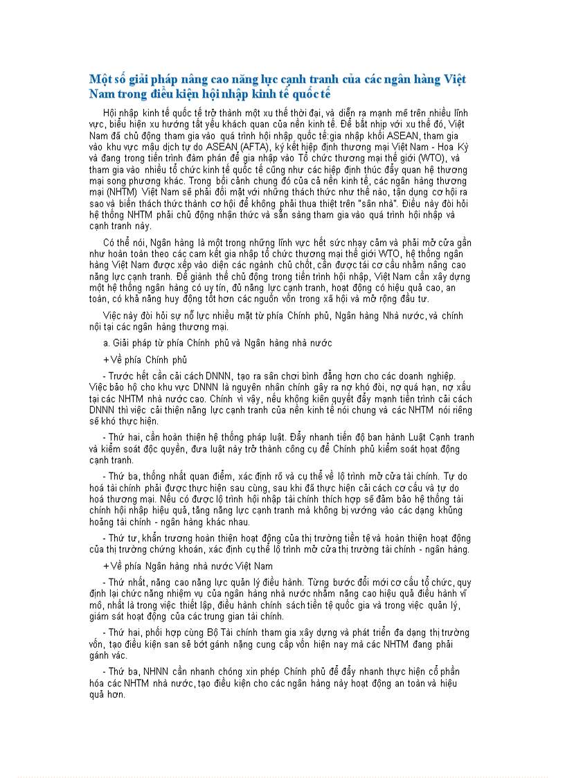Một số giải pháp nâng cao năng lực cạnh tranh của các ngân hàng Việt Nam trong điều kiện hội nhập kinh tế quốc tế