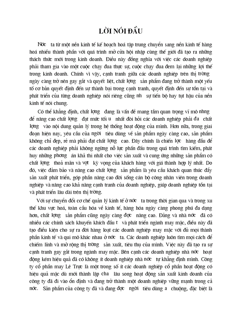 Luận văn Một số phương hướng và biện pháp cơ bản nhằm nâng cao chất lượng sản phẩm tại công ty cổ phần may Lê Trực