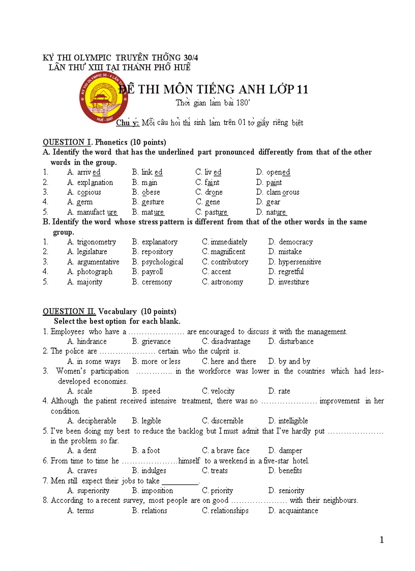 Kỳ thi olympic truyền thống 30 4 lần xiii tại tp huế đề thi môn tiếng anh lớp 11