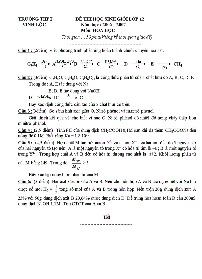 Đề thi HSG môn Hóa học 12 THPT Vinh Lộc Huế 2006