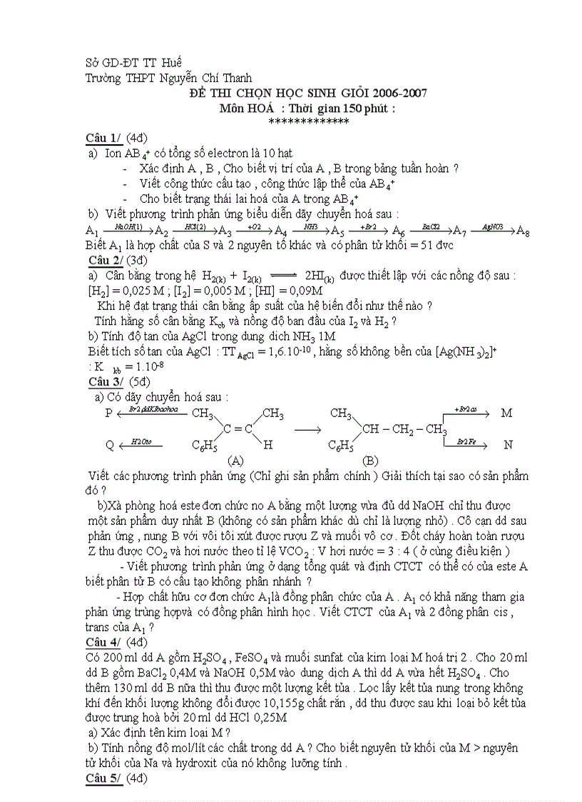 Đề thi HSG môn Hóa học 12 THPT Nguyễn Chí Thanh Huế 2006