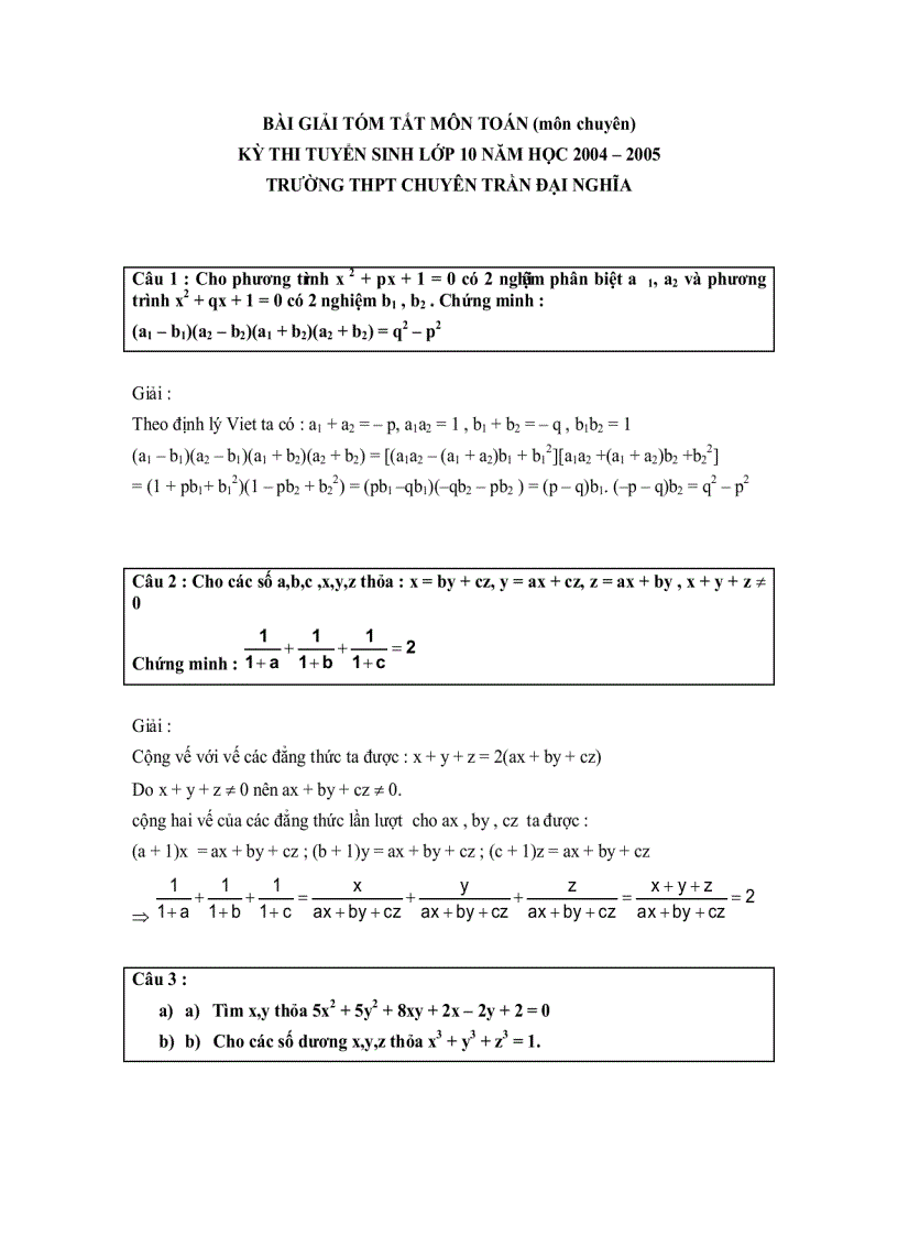 BÀI GIẢI TÓM TẮT MÔN TOÁN môn chuyên KỲ THI TUYỂN SINH LỚP 10 NĂM HỌC 2004 2005 TRƯỜNG THPT CHUYÊN TRẦN ĐẠI NGHĨA