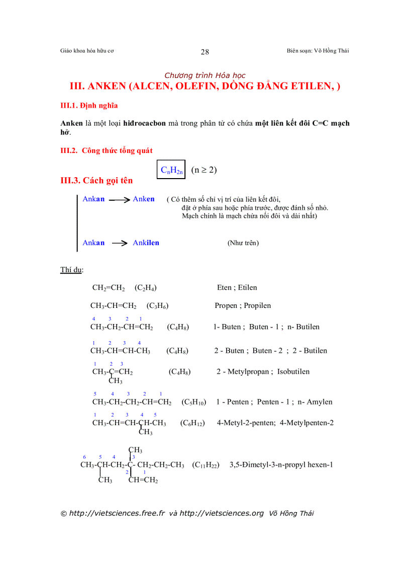 Chương trình Hóa học III ANKEN ALCEN OLEFIN DỒNG ĐẲNG ETILEN