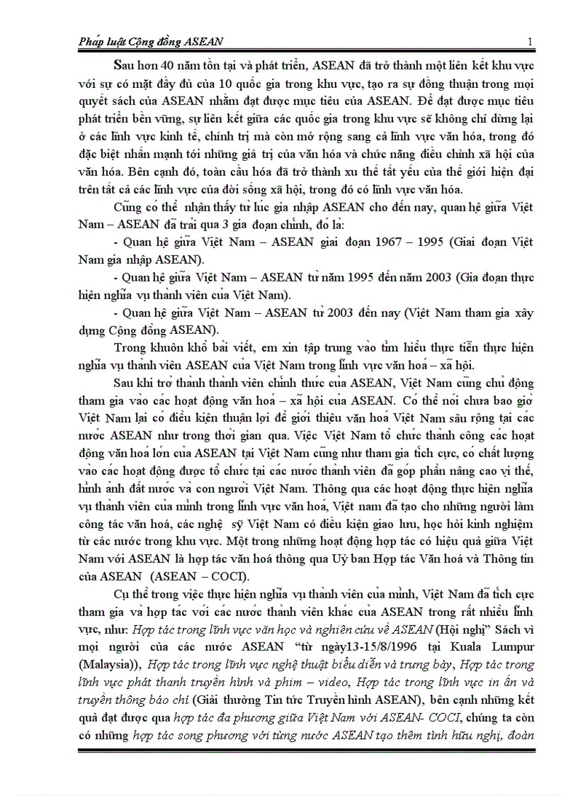 Nghĩa vụ thành viên ASEAN của Việt Nam trong lĩnh vực văn hoá xã hội