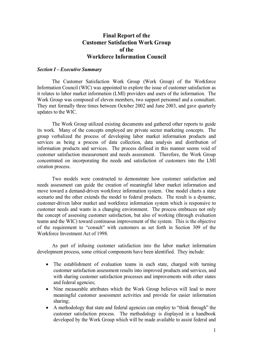 Final Report of the Customer Satisfaction Work Group of the Workforce Information Council Workforce Investment Act of 1998