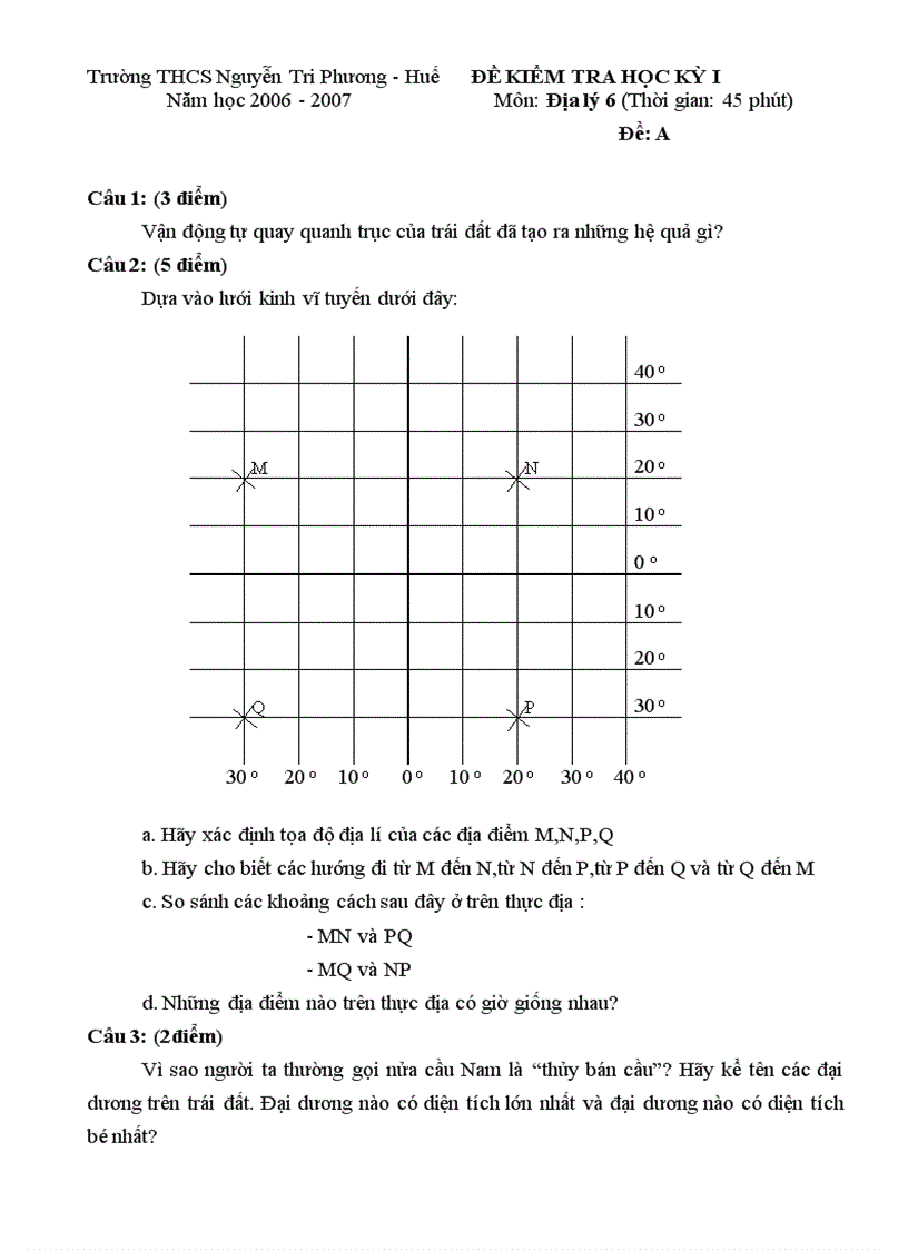 Đề thi Địa lý lớp 6 Học kì 1 THCS Nguyễn Tri Phương Huế 2006 2007 Đề A