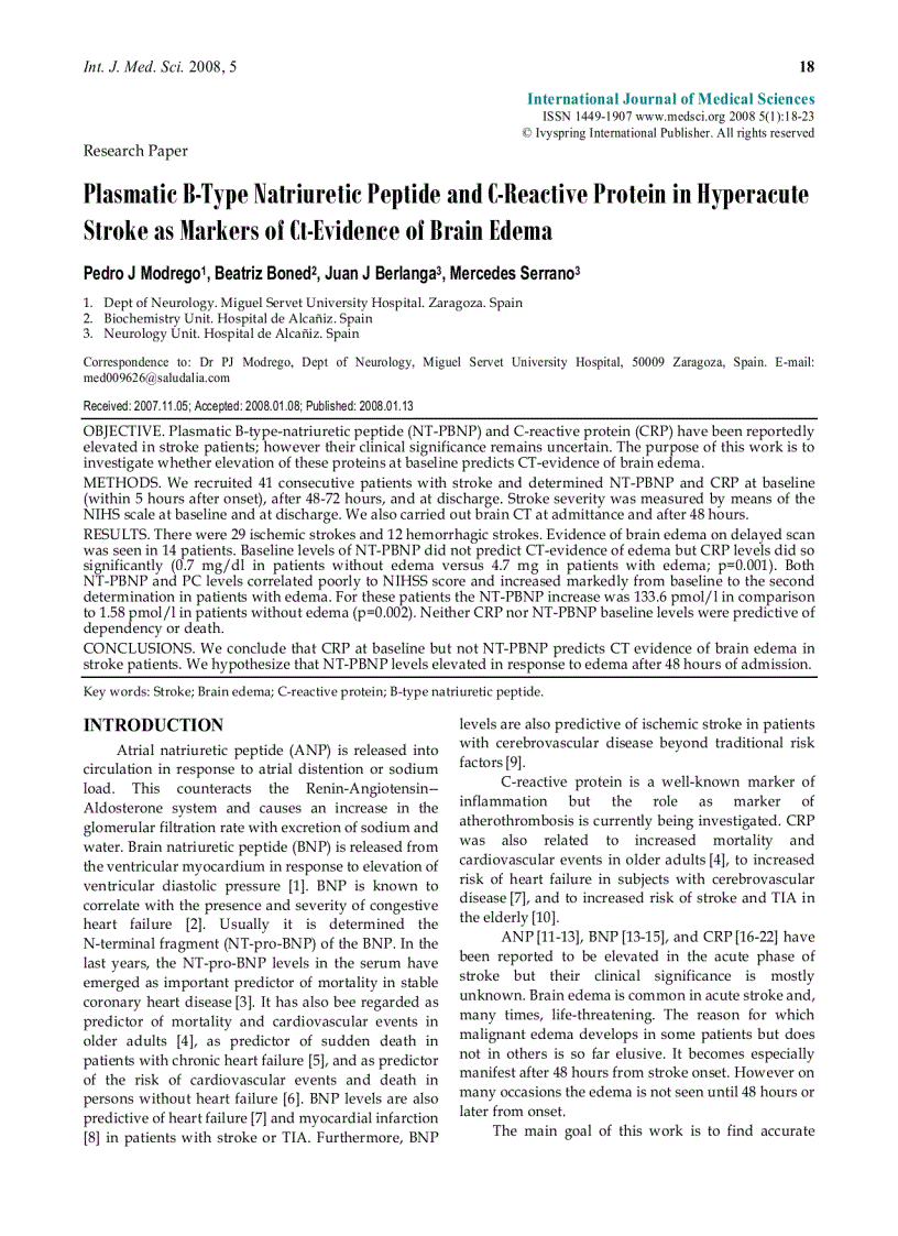 Báo cáo y học Plasmatic B Type Natriuretic Peptide and C Reactive Protein in Hyperacute Stroke as Markers of Ct Evidence of Brain Edema