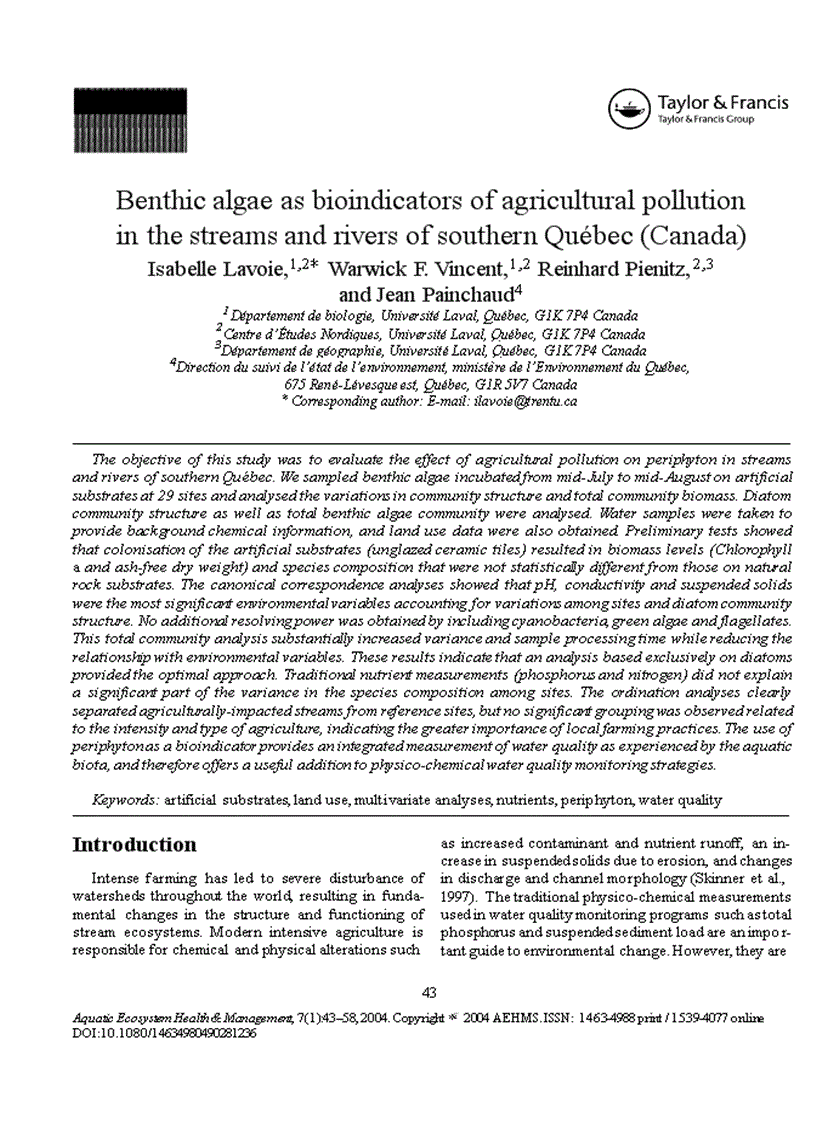 Benthic algae as bioindicators of agricultural pollution in the streams and rivers of southern Que bec