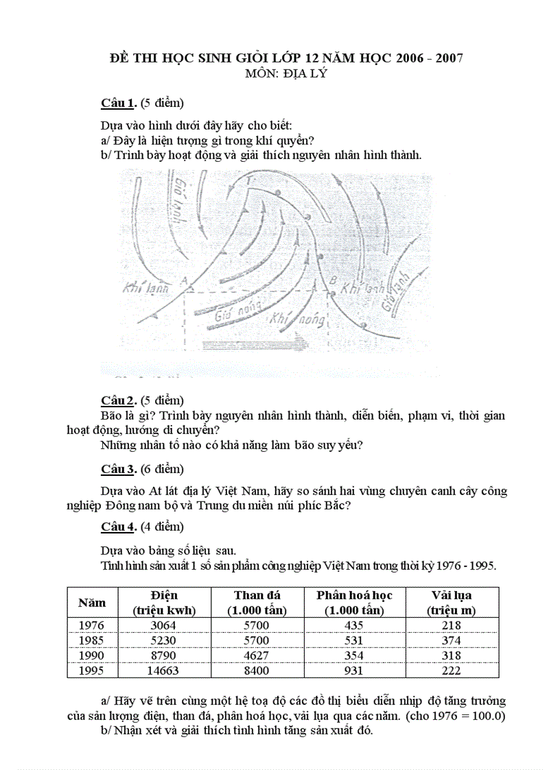 Đề thi học sinh giỏi lớp 12 năm học 2006 2007 môn địa lý thpt hai bà trưng huế